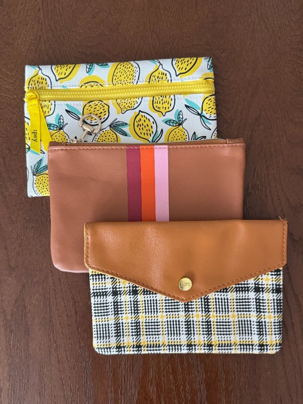 Ipsy Glam Bag Lot of 3 Lemon Plaid Stripe Neutral Cosmetic Pouches